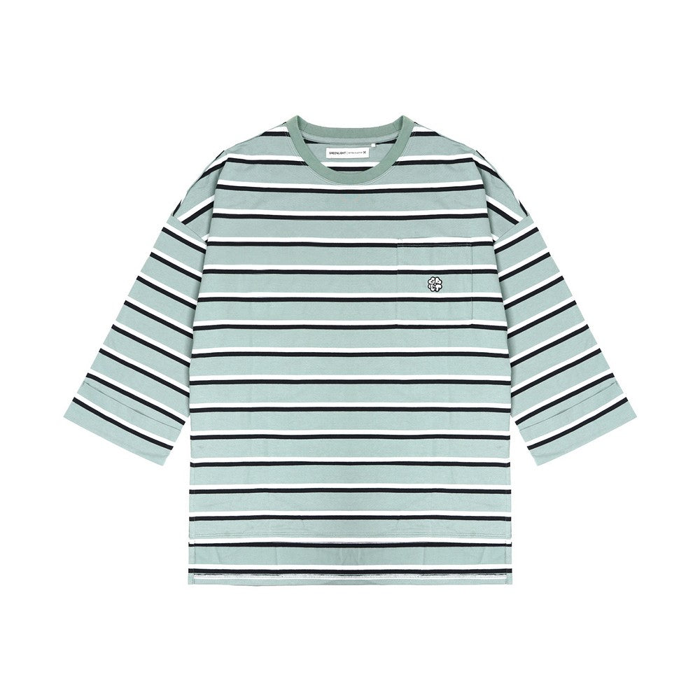 Greenlight Kaos Garis Wanita Lengan 7/8 Loose Fit Katun Polyester Stripe Tee Rui HP-C050126