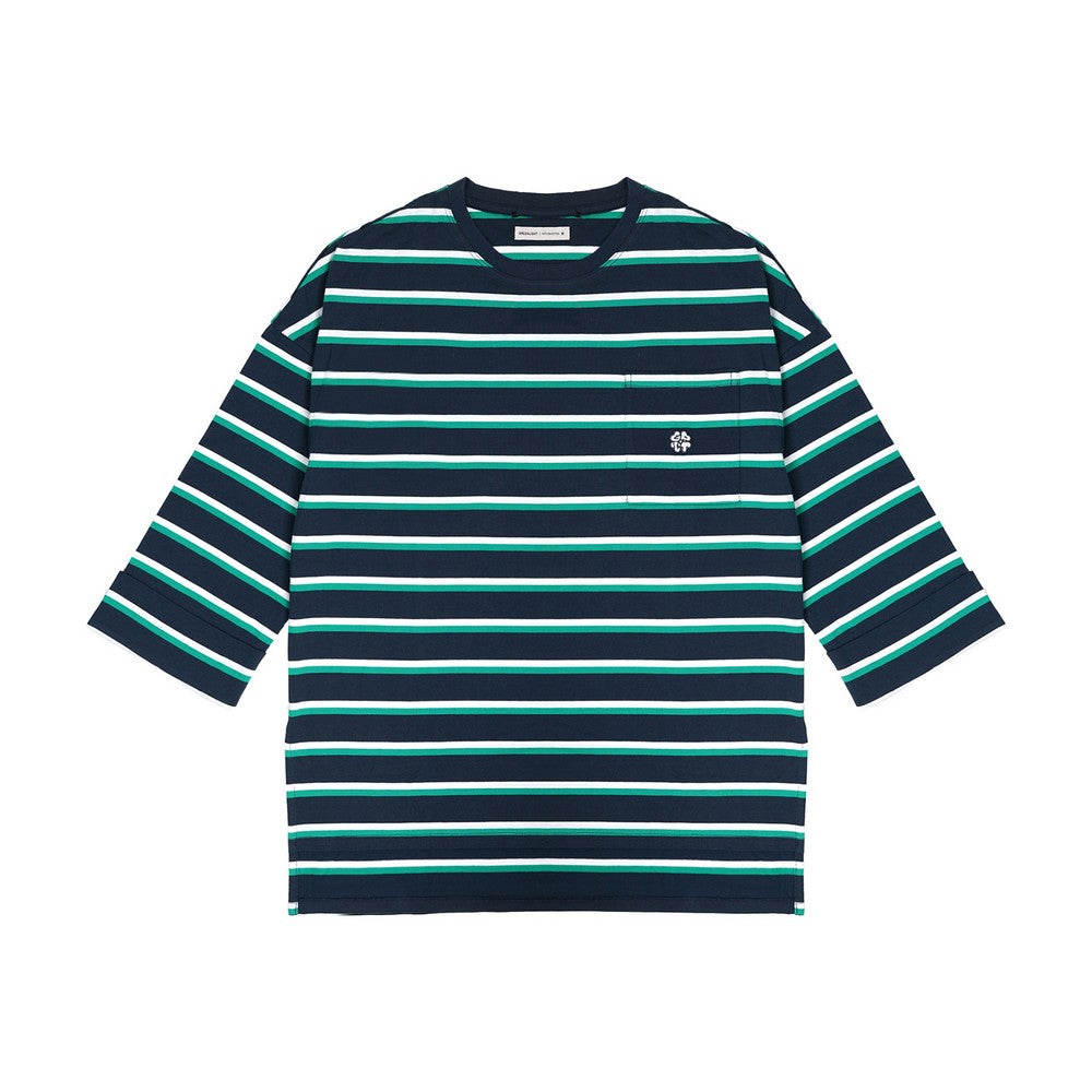 Greenlight Kaos Garis Wanita Lengan 7/8 Loose Fit Katun Polyester Stripe Tee Rui HP-C050126